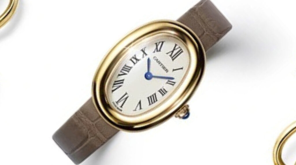 Часы Baignoire de Cartier, 1907г., золото, сапфир, кожаный ремешок