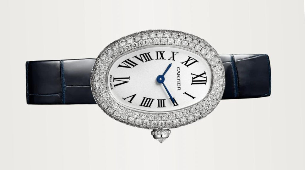 Часы Baignoire de Cartier, современный дизайн, белое золото, бриллианты, серебряный циферблат, ремешок из кожи аллигатора