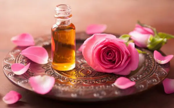 Эфирное масло розы и цветок розы на подносе