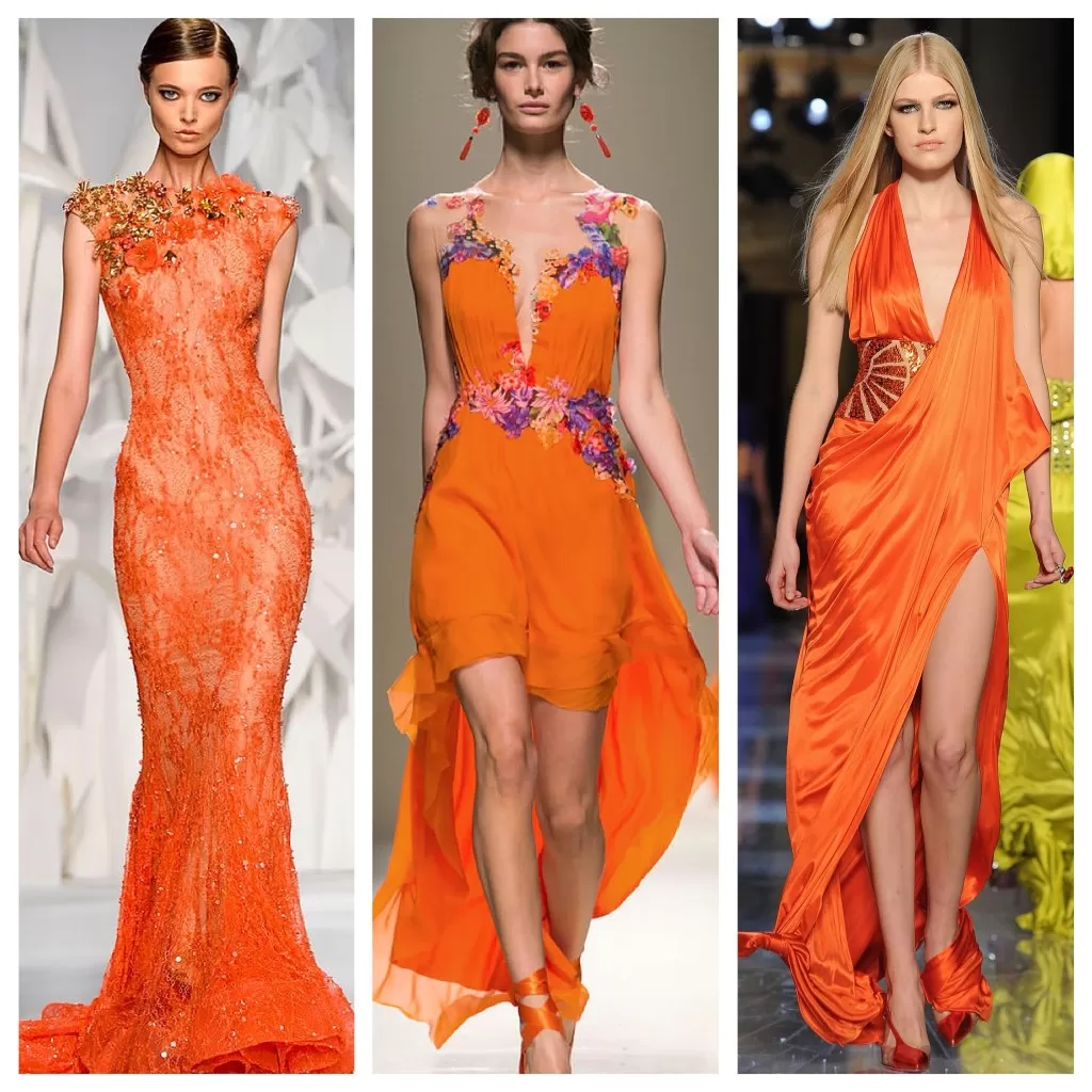 на подиумах оранжевые платья